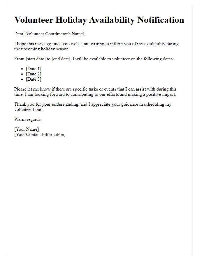 Letter template of volunteer holiday availability notification