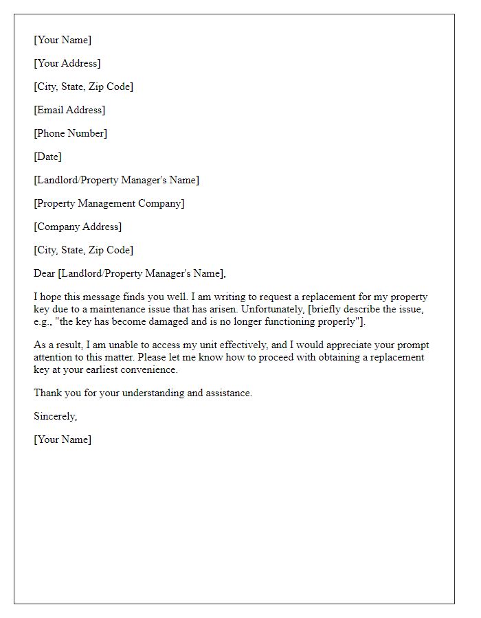 Letter template of property key replacement request for maintenance issues.