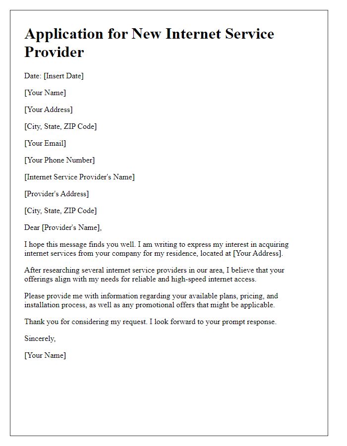 Letter template of application for new internet service provider.