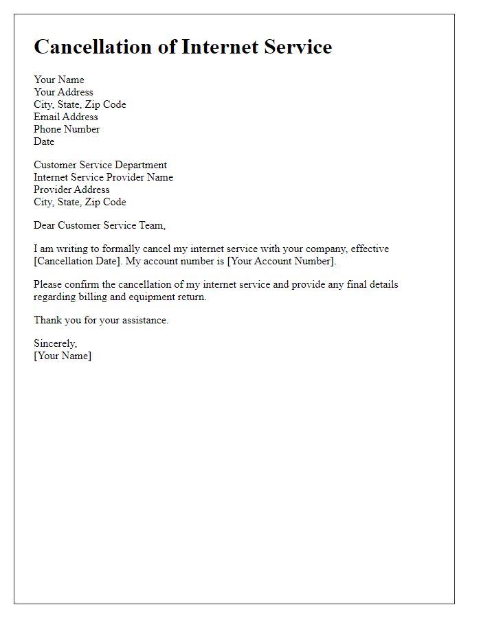 Letter template of cancellation for current internet service provider.