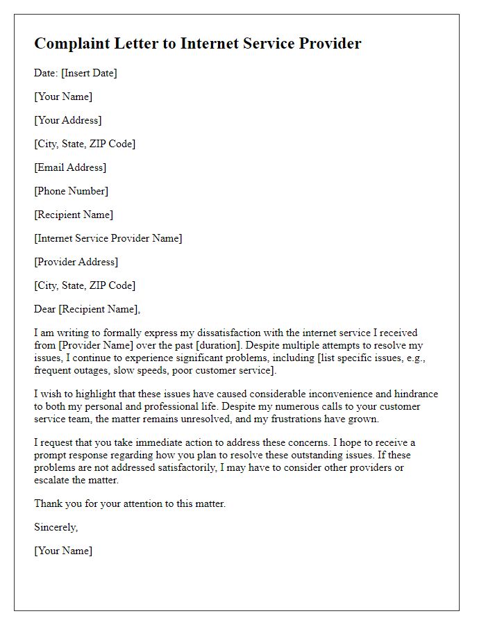 Letter template of complaint about previous internet service provider.