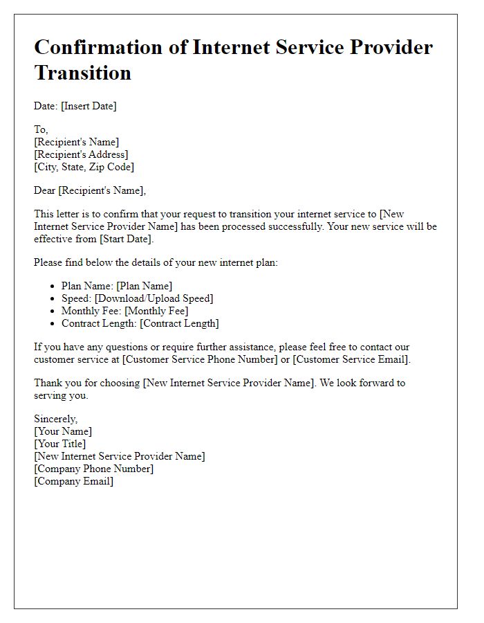 Letter template of confirmation for internet service provider transition.