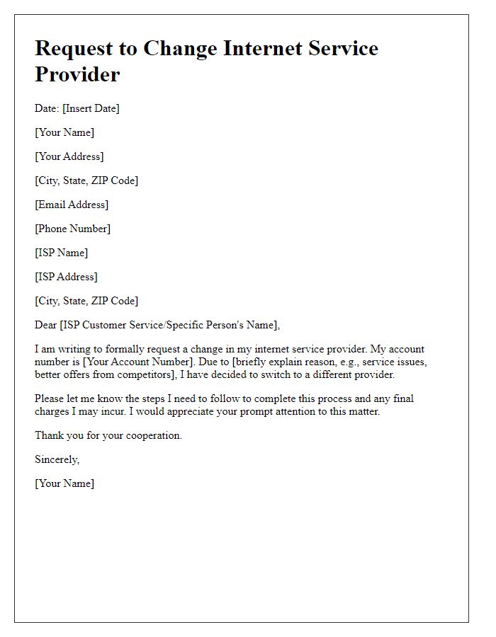 Letter template of request to change internet service provider.