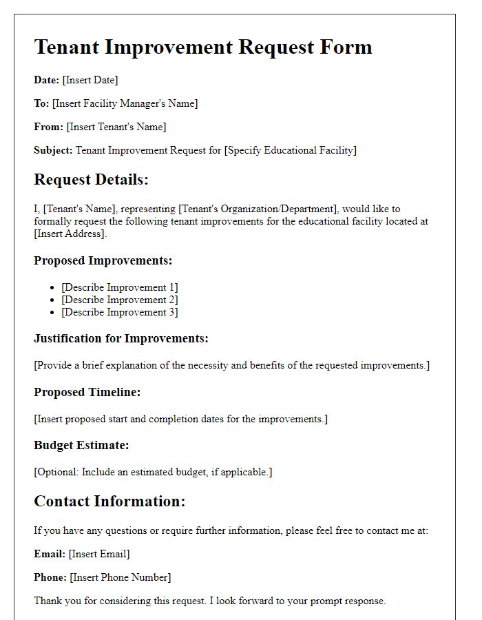 Letter template of Tenant Improvement Request Form for Educational Facility