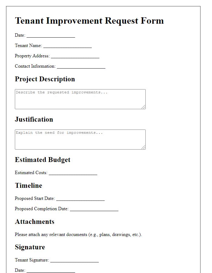 Letter template of Tenant Improvement Request Form for Industrial Property