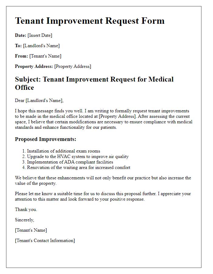 Letter template of Tenant Improvement Request Form for Medical Office