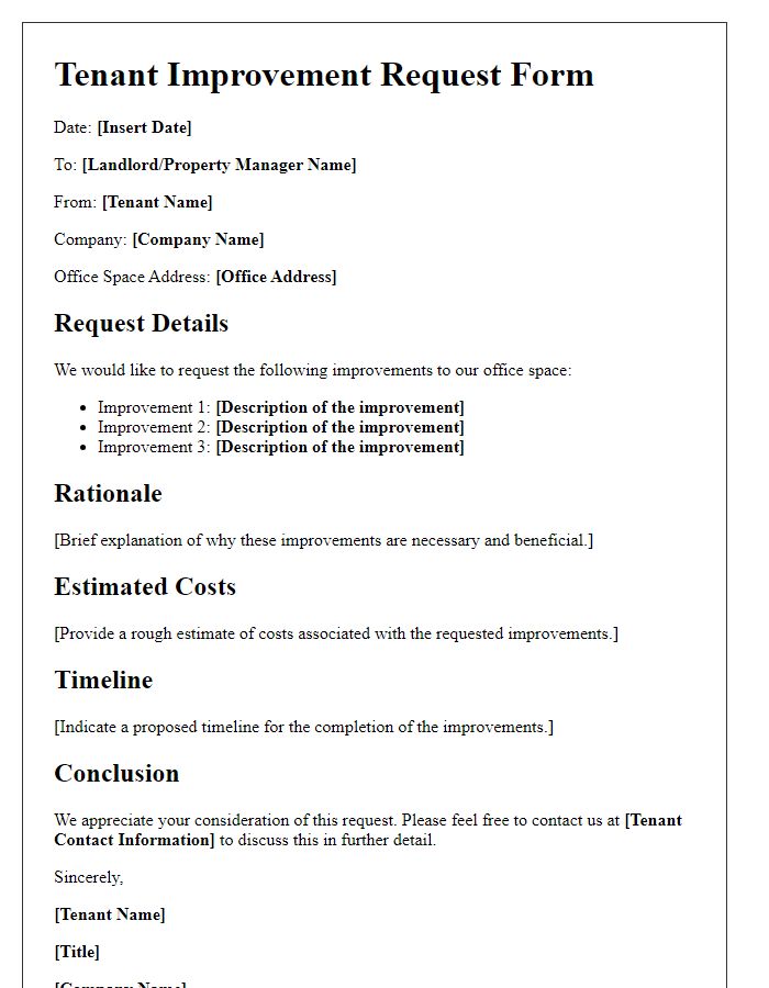 Letter template of Tenant Improvement Request Form for Office Space