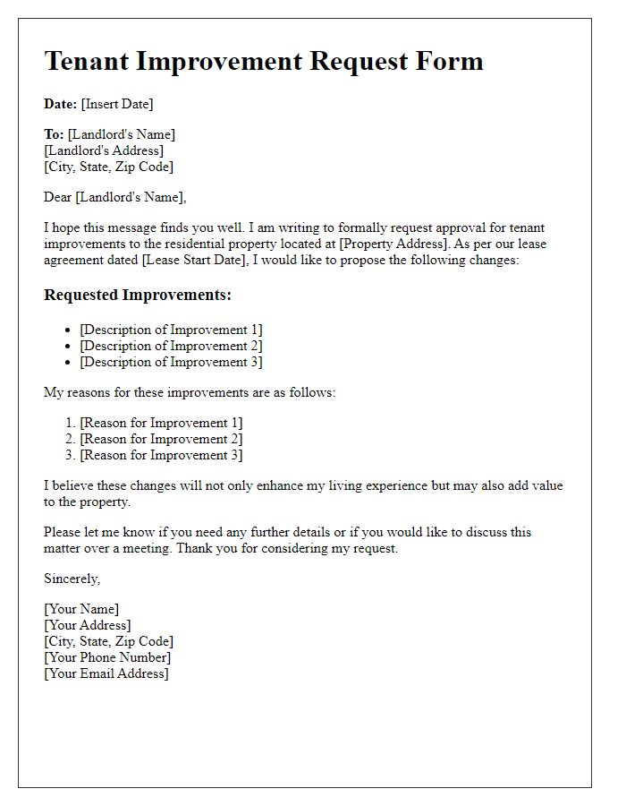 Letter template of Tenant Improvement Request Form for Residential Lease