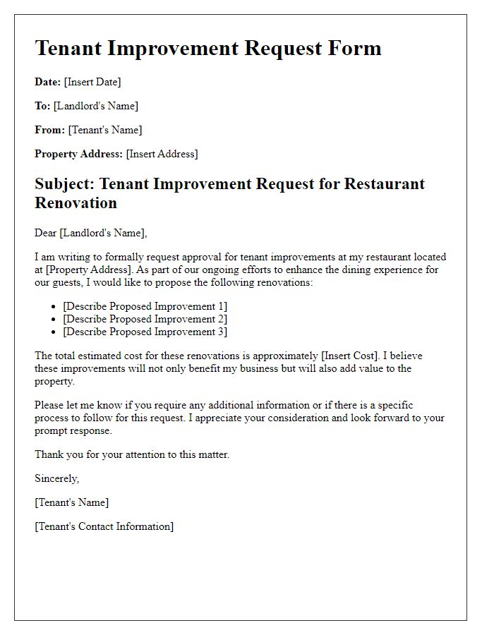 Letter template of Tenant Improvement Request Form for Restaurant Renovation