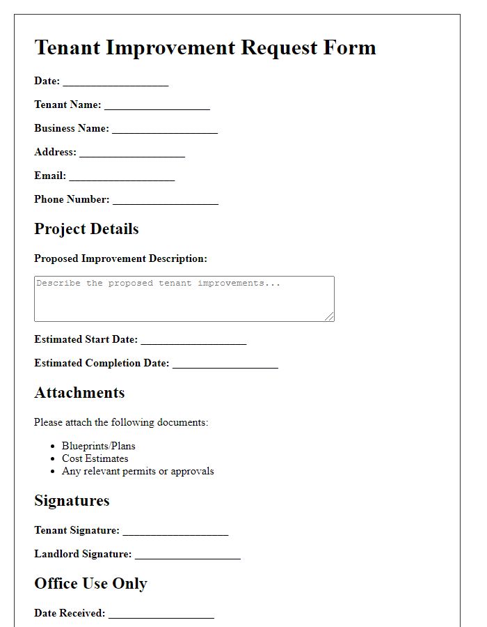 Letter template of Tenant Improvement Request Form for Retail Location