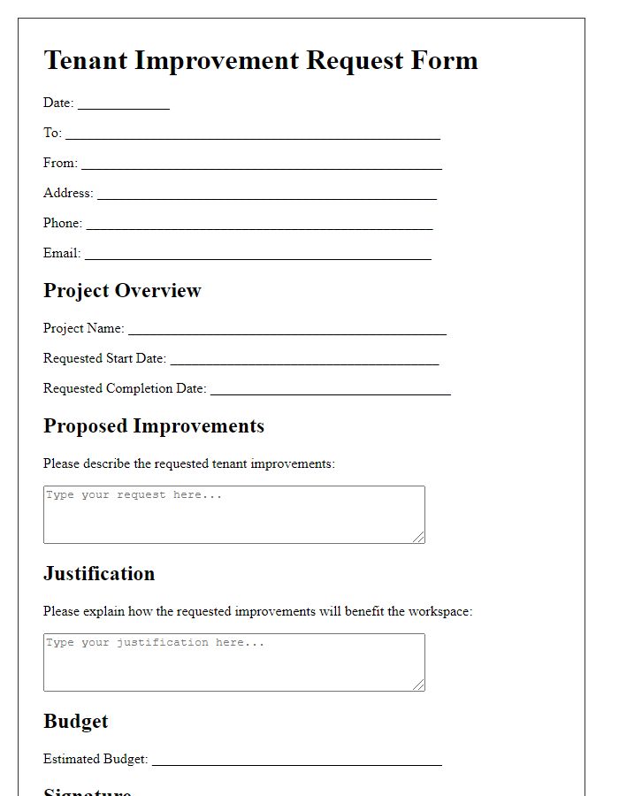 Letter template of Tenant Improvement Request Form for Shared Workspace