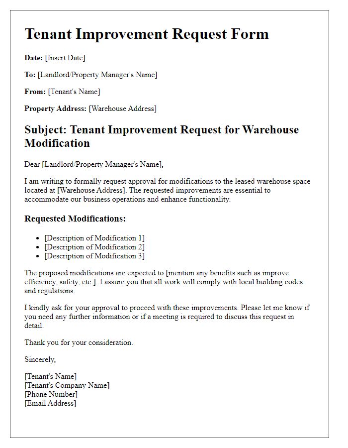 Letter template of Tenant Improvement Request Form for Warehouse Modification