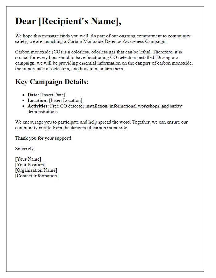 Letter template of carbon monoxide detector awareness campaign