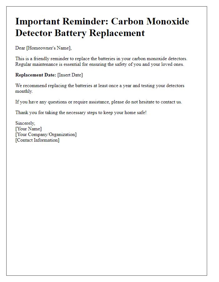 Letter template of carbon monoxide detector battery replacement reminder