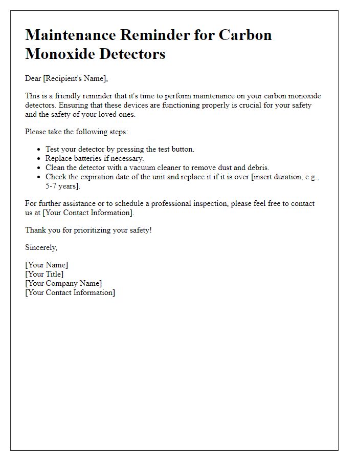 Letter template of carbon monoxide detector maintenance reminder