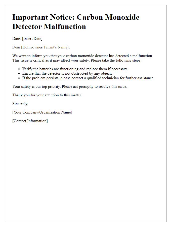 Letter template of carbon monoxide detector malfunction warning