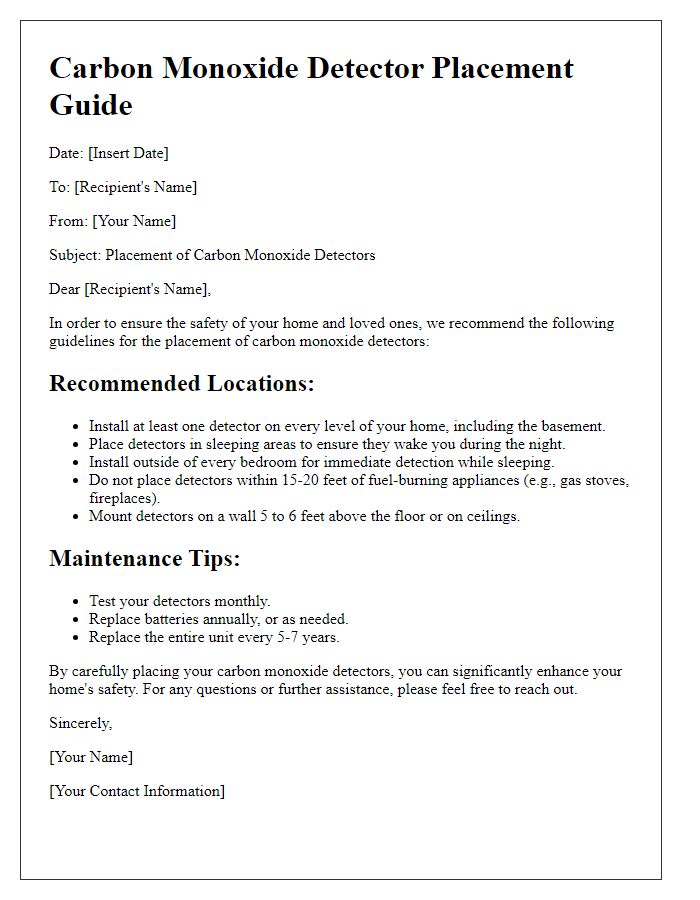 Letter template of carbon monoxide detector placement guide