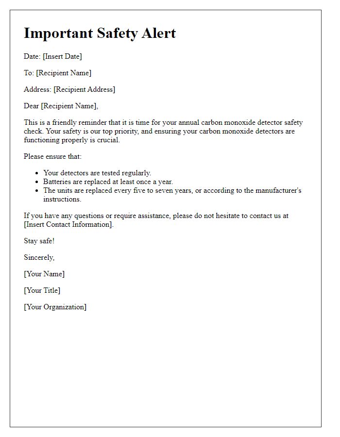 Letter template of carbon monoxide detector safety check alert