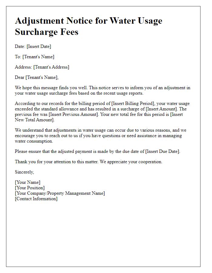 Letter template of adjustment notice for tenant water usage surcharge fees