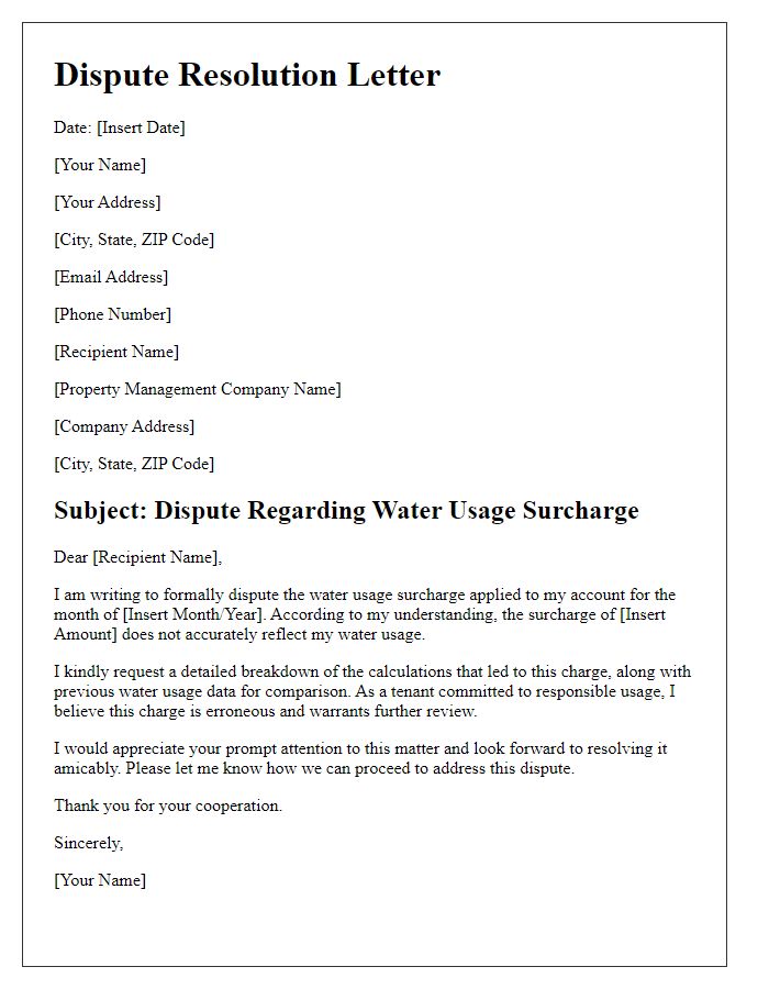 Letter template of dispute resolution for tenant water usage surcharge issue