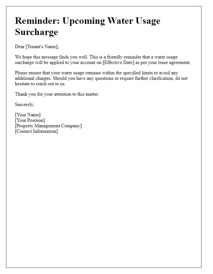 Letter template of reminder for upcoming tenant water usage surcharge