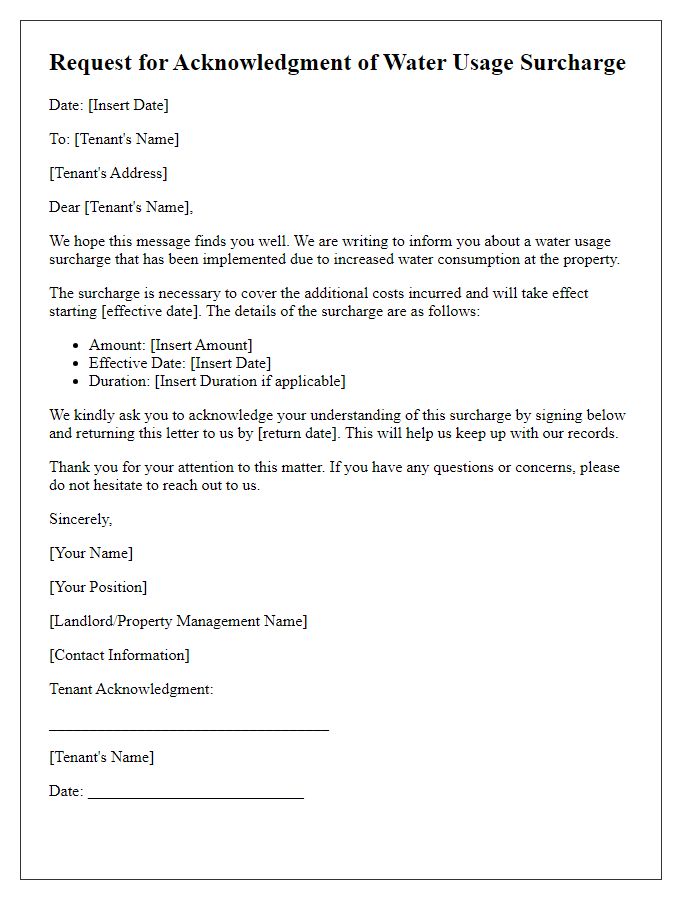 Letter template of request for tenant acknowledgment of water usage surcharge