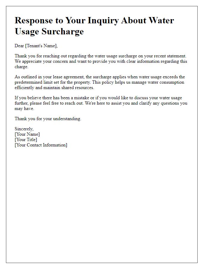 Letter template of response to tenant inquiry about water usage surcharge