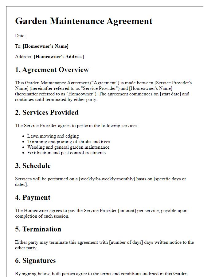 Letter template of garden maintenance agreement for homeowners.