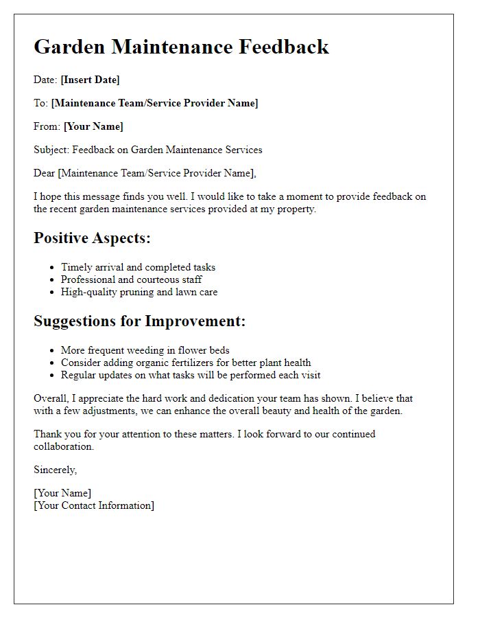 Letter template of garden maintenance feedback and improvement suggestions.