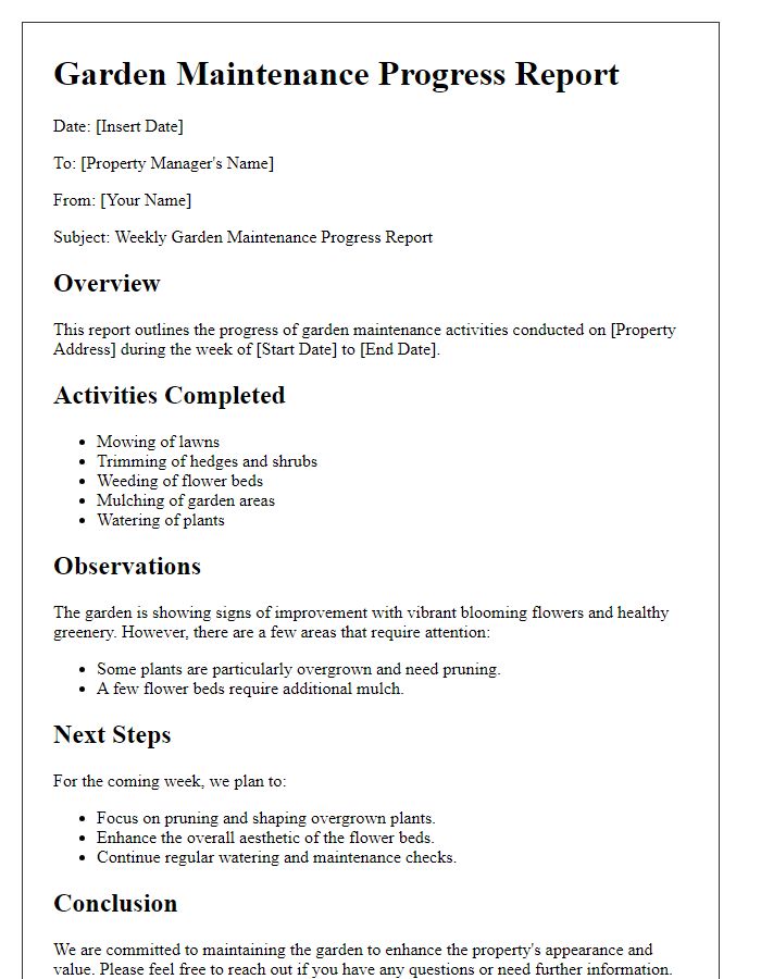 Letter template of garden maintenance progress report for property managers.