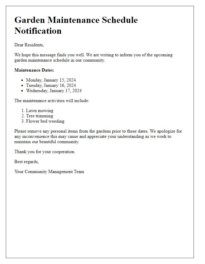 Letter template of garden maintenance schedule notification for residents.