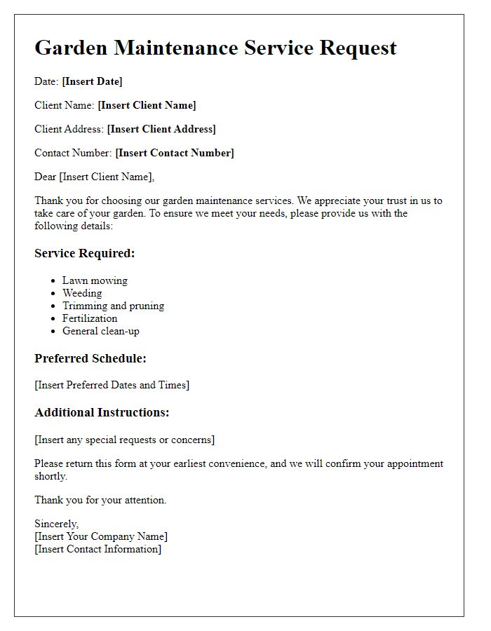 Letter template of garden maintenance service request for clients.