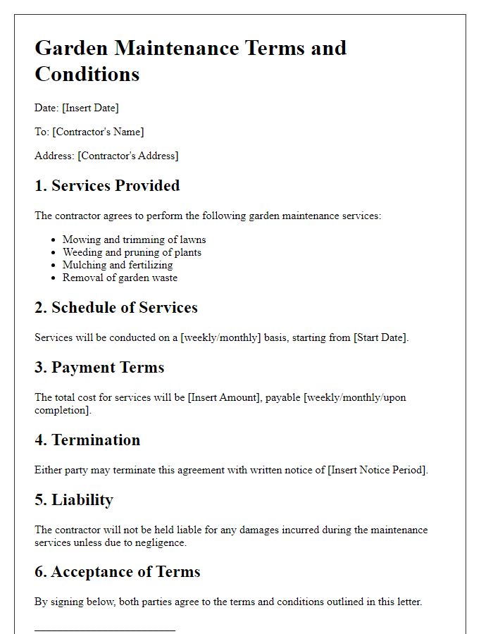 Letter template of garden maintenance terms and conditions for contractors.