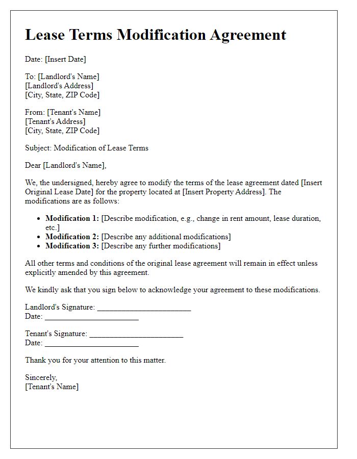 Letter template of lease terms modification by agreement