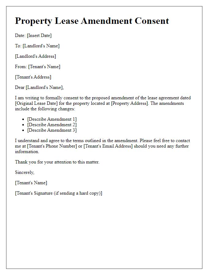 Letter template of property lease amendment consent