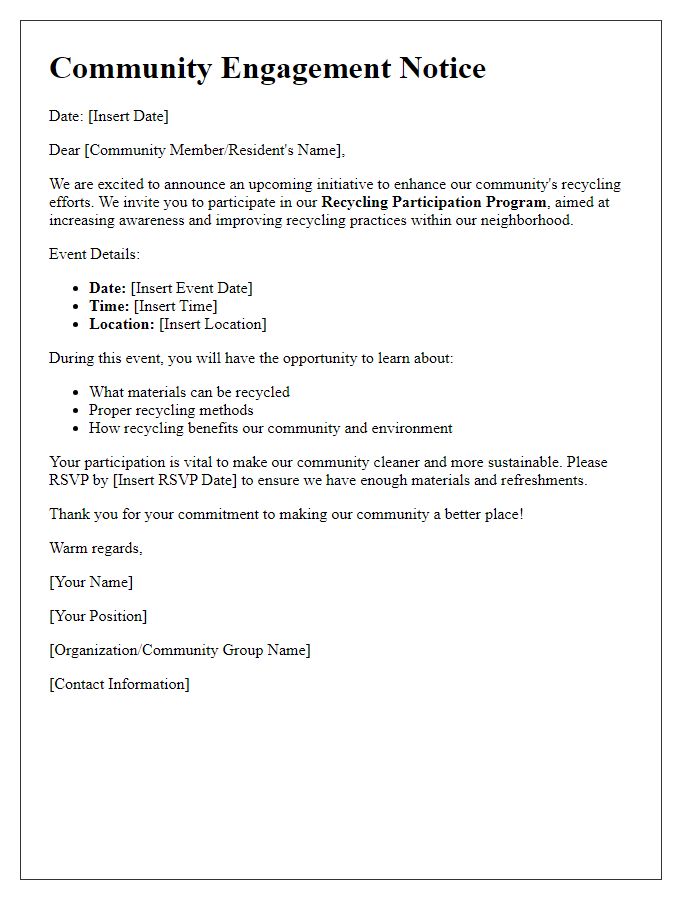 Letter template of community engagement notice for recycling participation.