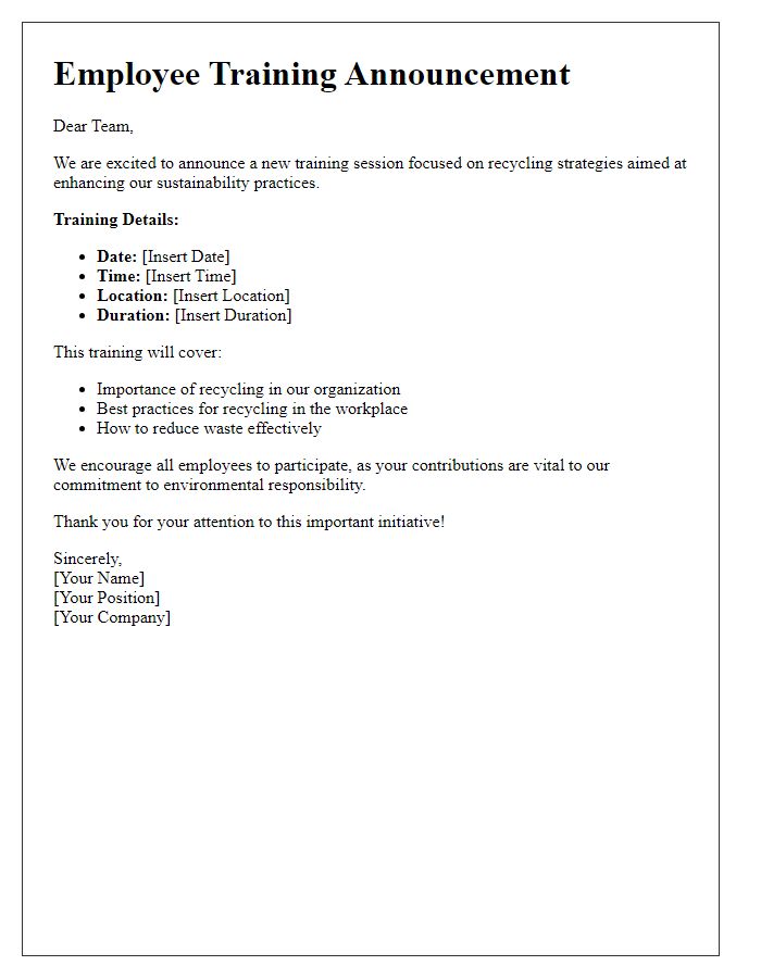 Letter template of employee training announcement for recycling strategies.