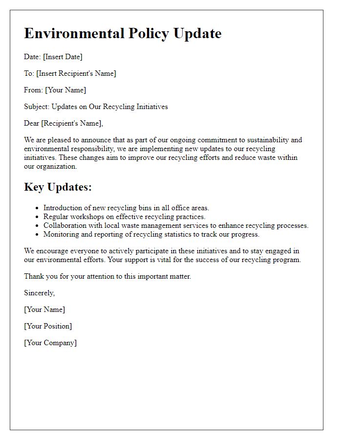 Letter template of environmental policy update for recycling initiatives.