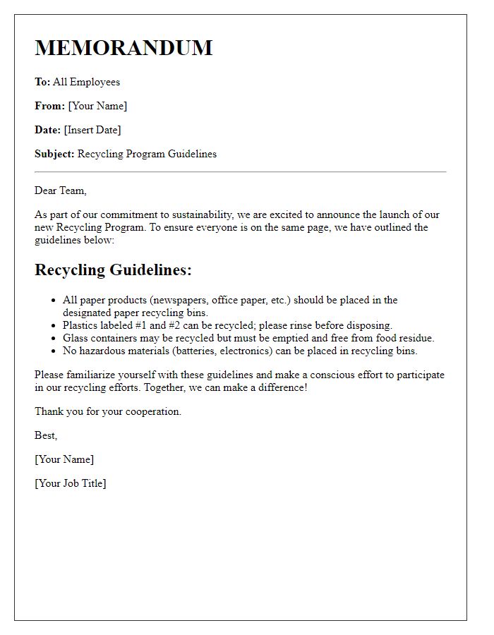 Letter template of internal memo for recycling program guidelines.