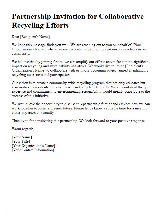 Letter template of partnership invitation for collaborative recycling efforts.