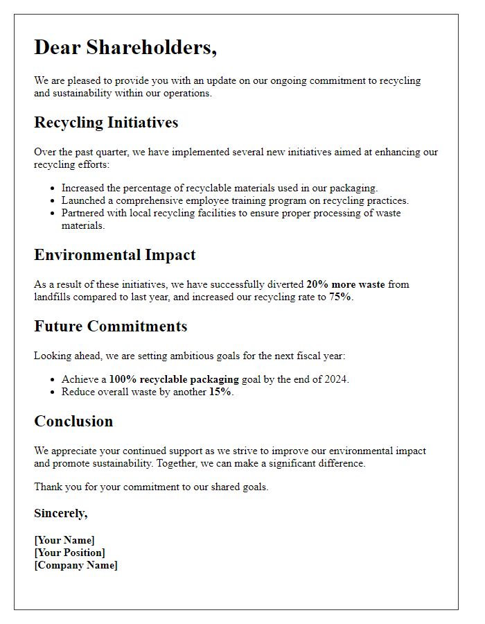 Letter template of shareholder update on recycling commitments.