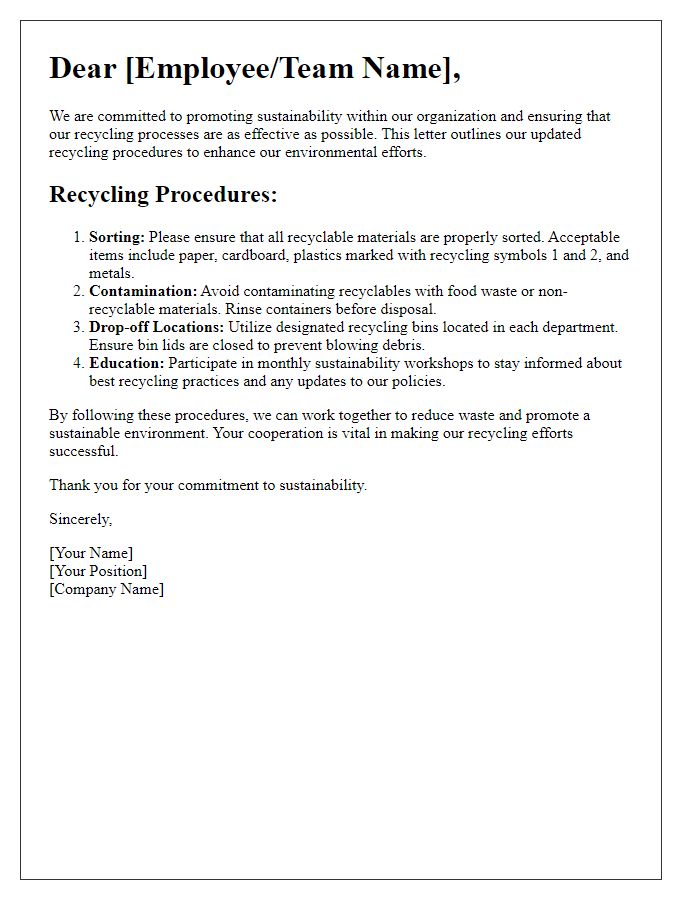 Letter template of sustainability communication regarding recycling procedures.