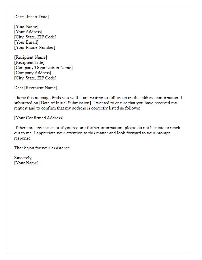 Letter template of address confirmation follow-up