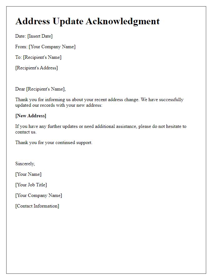 Letter template of address update acknowledgment