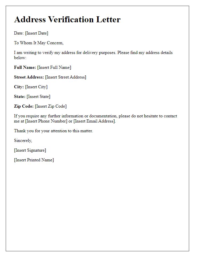 Letter template of address verification for delivery