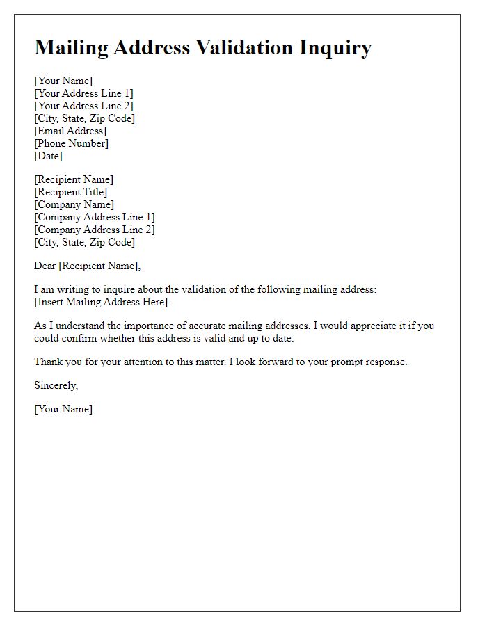 Letter template of mailing address validation inquiry