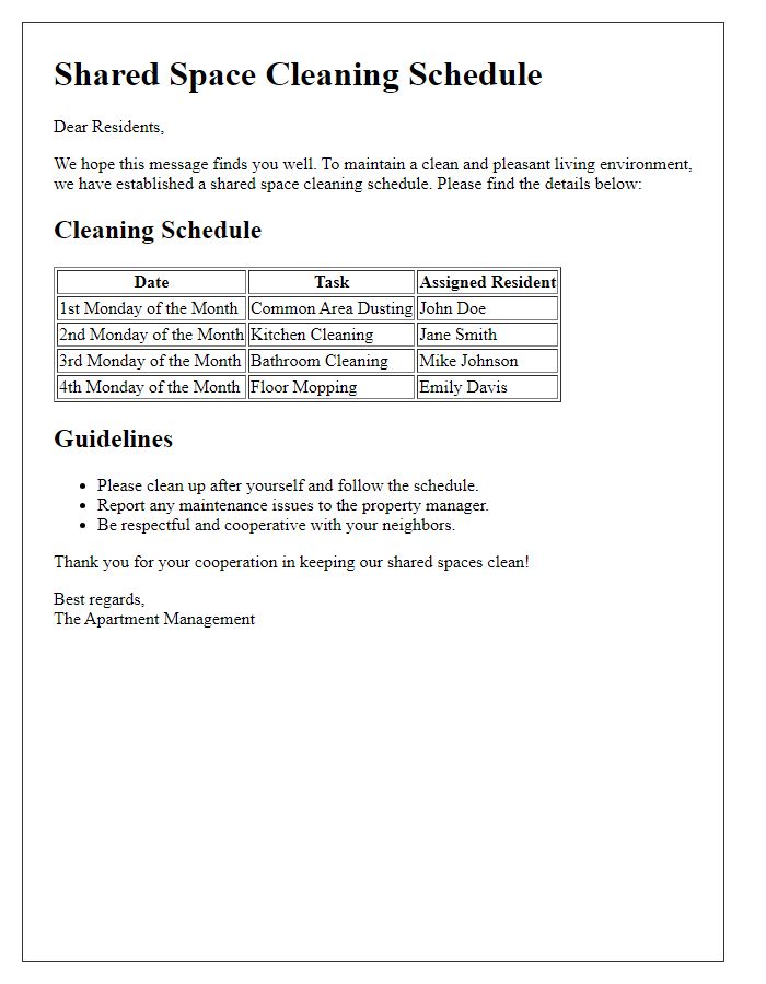 Letter template of shared space cleaning schedule for apartment residents