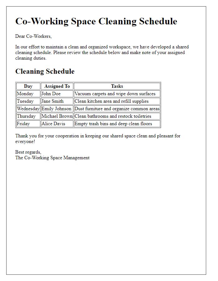 Letter template of shared space cleaning schedule for co-working spaces