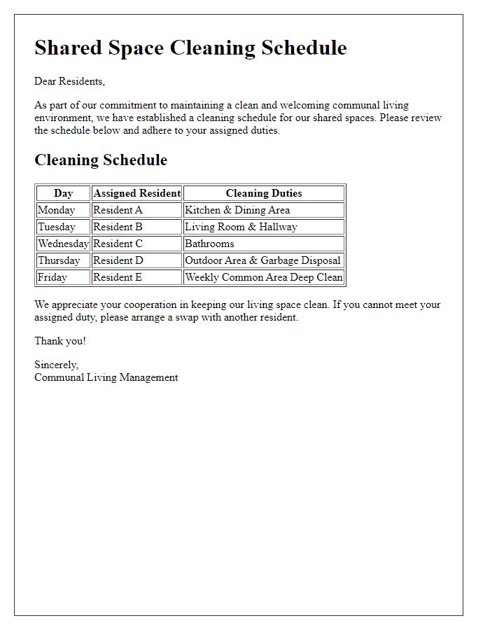 Letter template of shared space cleaning schedule for communal living