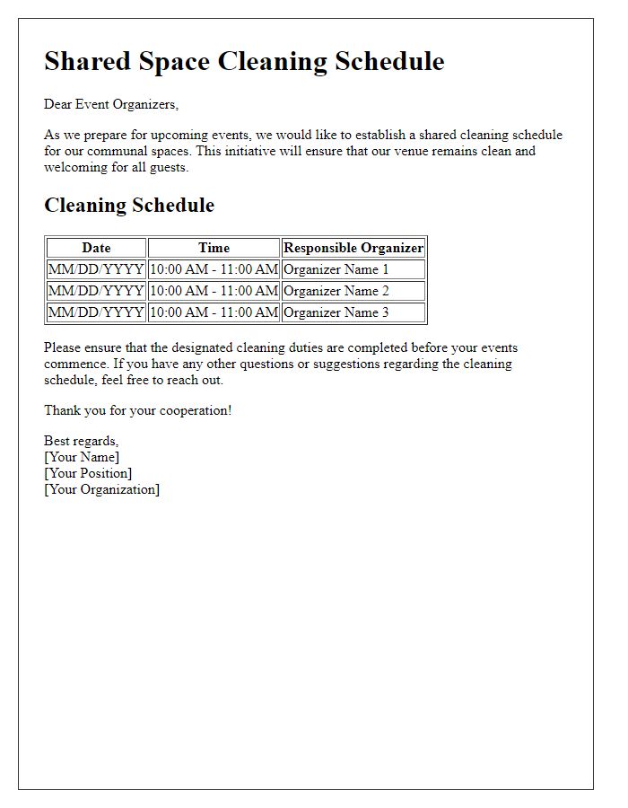 Letter template of shared space cleaning schedule for event organizers